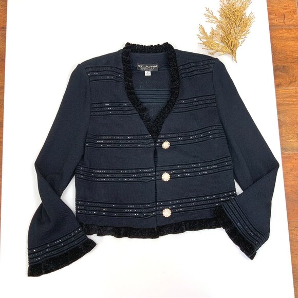 St. John Evening Black Sparkle Ruffle Jacket Santana Knit Sz 2-4 - Picture 13 of 16